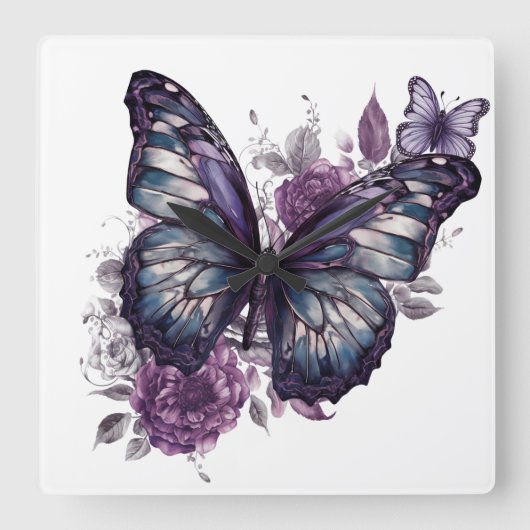 紫かわいらしの水彩蝶と花 スクエア壁時計 (正面)