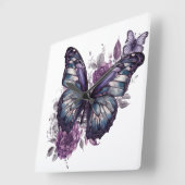 紫かわいらしの水彩蝶と花 スクエア壁時計 (傾斜)