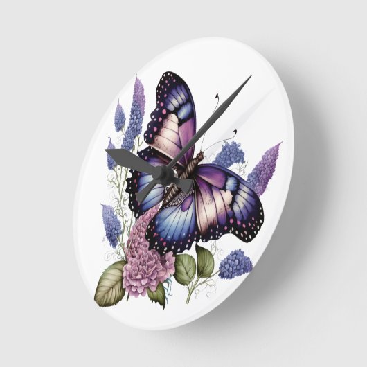 紫かわいらしの水彩蝶と花 ラウンド壁時計 (傾斜)