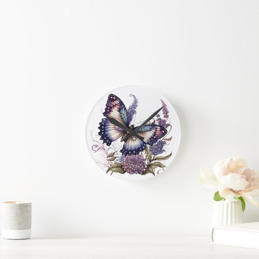 紫かわいらしの水彩蝶と花 ラウンド壁時計 (ホーム)