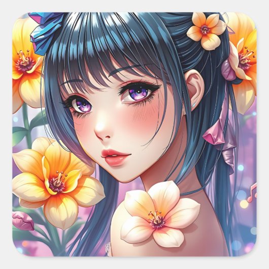 紫かわいらしの目を持つアニメの少女 スクエアシール (正面)