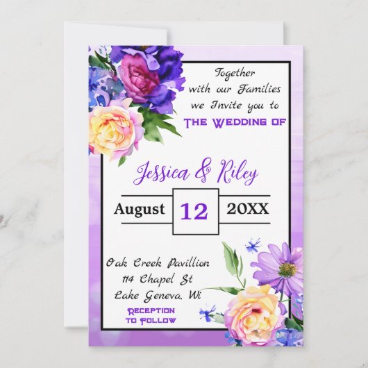 紫かわいらしの花のフローラ結婚のエレガント 招待状 (正面)