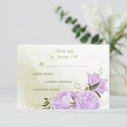 紫かわいらしの花の緑葉の植物 出欠カード (スタンド正面)