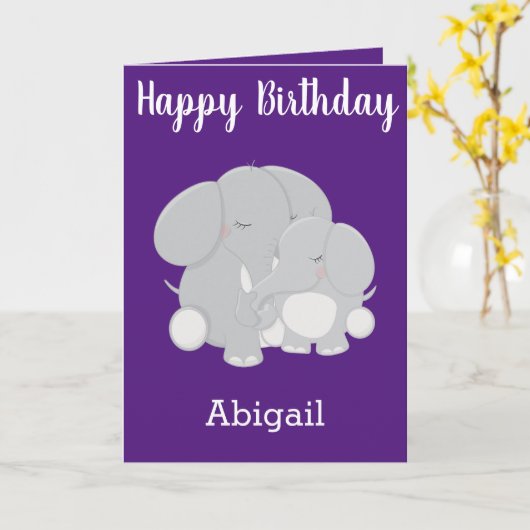 紫かわいらしの誕生日がゾウを願う カード (黄色い花)