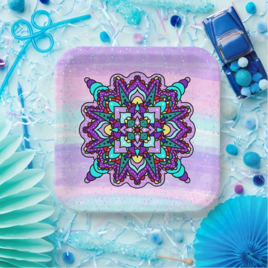 紫かわいらしカラフル曼荼羅の神秘的 ペーパープレート (パーティー)