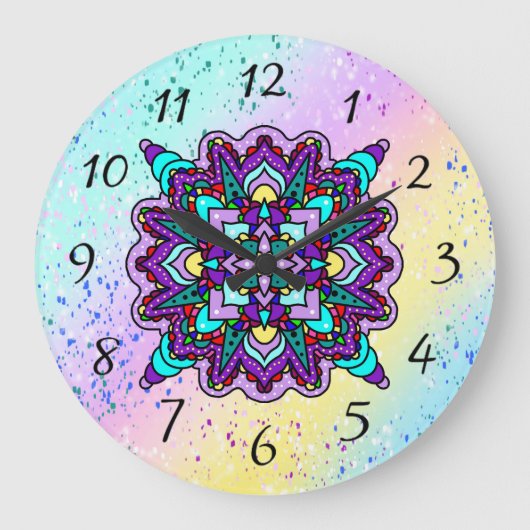 紫かわいらしカラフル曼荼羅の神秘的 ラージ壁時計 (正面)