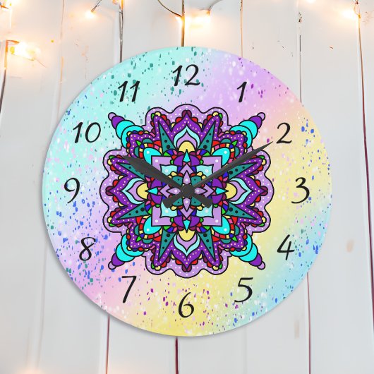 紫かわいらしカラフル曼荼羅の神秘的 ラージ壁時計