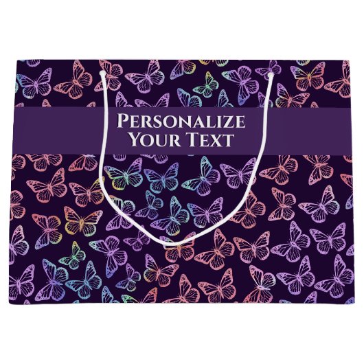 紫かわいらしガーリー蝶の模様パーソナライズされた ラージペーパーバッグ (正面)