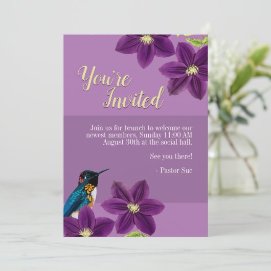 紫かわいらしクレマティスフローラ夏ハミングバード 招待状 (スタンド正面)
