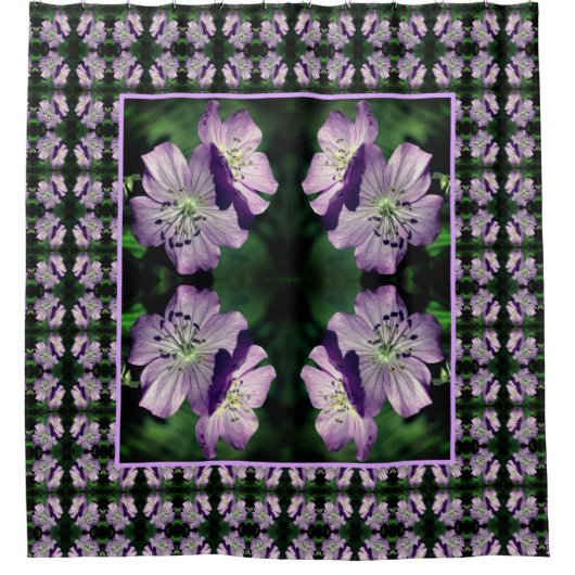 紫かわいらしゼラニウム花対柄 シャワーカーテン (正面)