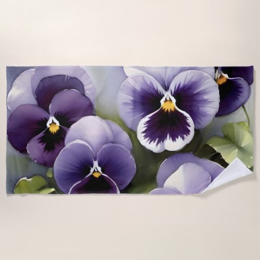 紫かわいらしパンジー水絵を描色 ビーチタオル (正面)