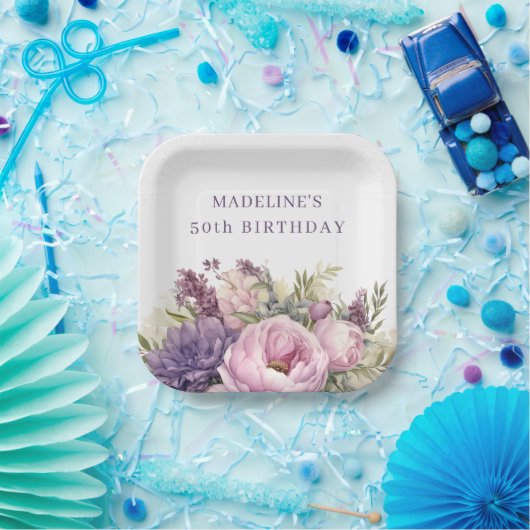 紫かわいらしピンク水彩フローラ50誕生日 ペーパープレート (パーティー)