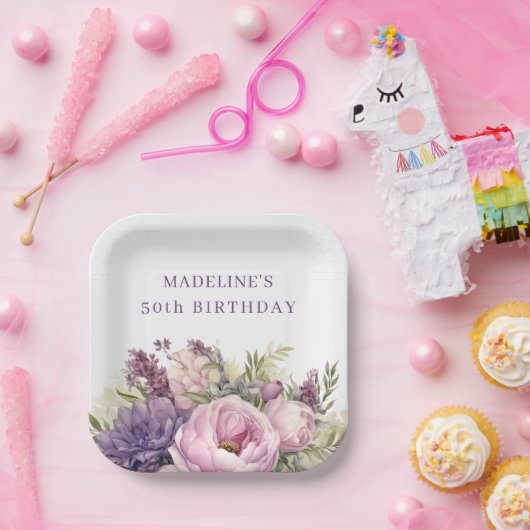 紫かわいらしピンク水彩フローラ50誕生日 ペーパープレート (パーティー)