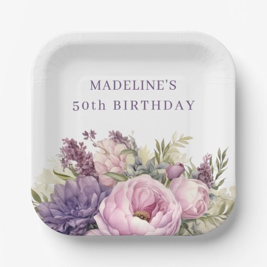 紫かわいらしピンク水彩フローラ50誕生日 ペーパープレート (正面)