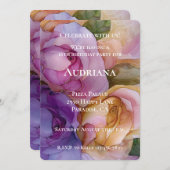 紫かわいらしピンク金ゴールドフローラ16誕生日 招待状 (正面/裏面)