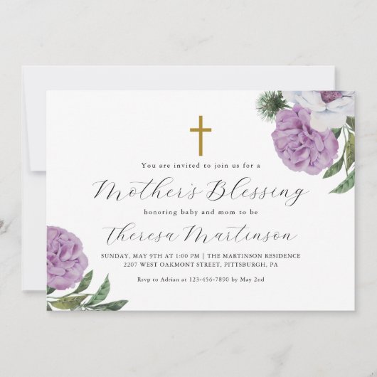 紫かわいらしフローラとクロス母賛美ズ 招待状 (正面)