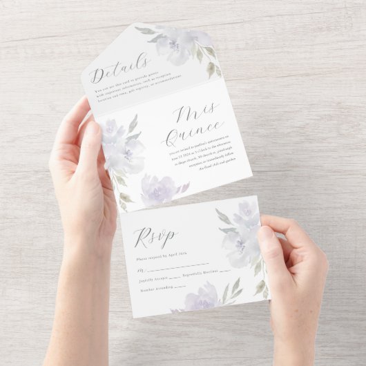 紫かわいらしフローラキンセアニェラ15年 オールインワン招待状 (貼ってはがせる)