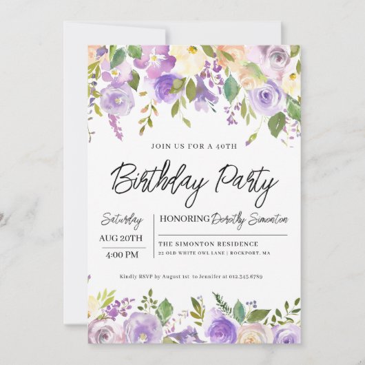 紫かわいらしフローラ40歳の誕生日パーティー 招待状 (正面)