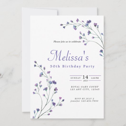紫かわいらしミニマル野花50誕生日 招待状 (正面)