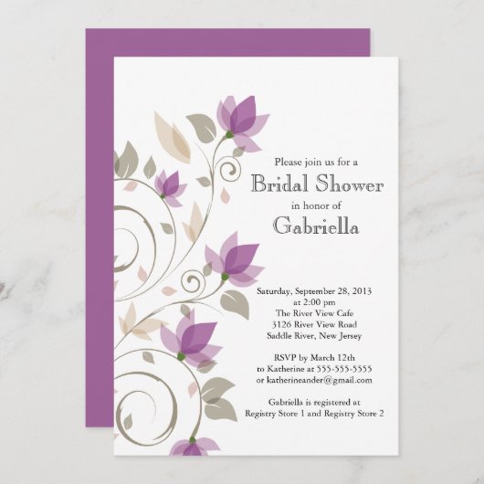 紫かわいらしモダンフローラつる植物ブライダルシャワー 招待状 (正面/裏面)