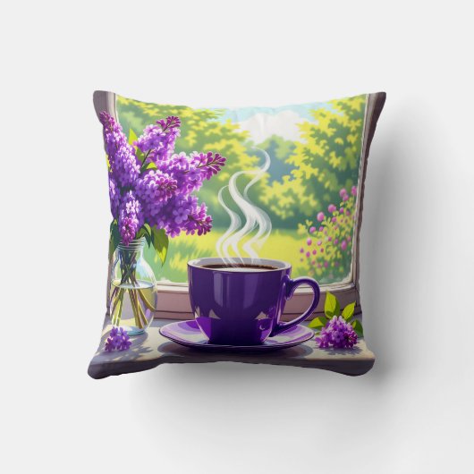 紫かわいらしライラックとコーヒー クッション (裏面)
