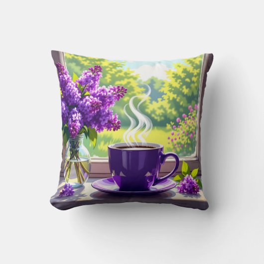 紫かわいらしライラックとコーヒー クッション (正面)