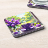 紫かわいらしライラックとコーヒー コースター (左側)