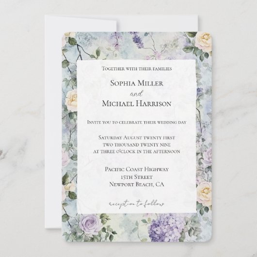 紫かわいらしラベンダー白結婚花 招待状 (正面)