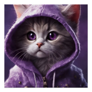 紫かわいらし子猫フード付きスウェットシャツ ポスター