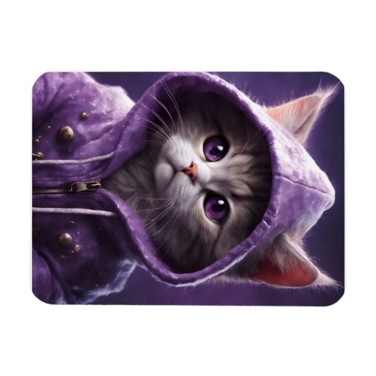 紫かわいらし子猫フード付きスウェットシャツ マグネット (横)