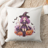 紫かわいらし毛魔女カボチャ&こうもり クッション (ブランケット)