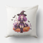 紫かわいらし毛魔女カボチャ&こうもり クッション (正面)
