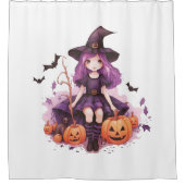紫かわいらし毛魔女カボチャ&こうもり シャワーカーテン (正面)