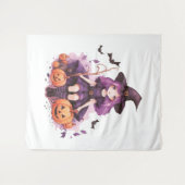 紫かわいらし毛魔女カボチャ&こうもり タペストリー (正面(横))