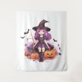 紫かわいらし毛魔女カボチャ&こうもり タペストリー (正面)