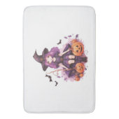 紫かわいらし毛魔女カボチャ&こうもり バスマット (正面縦)