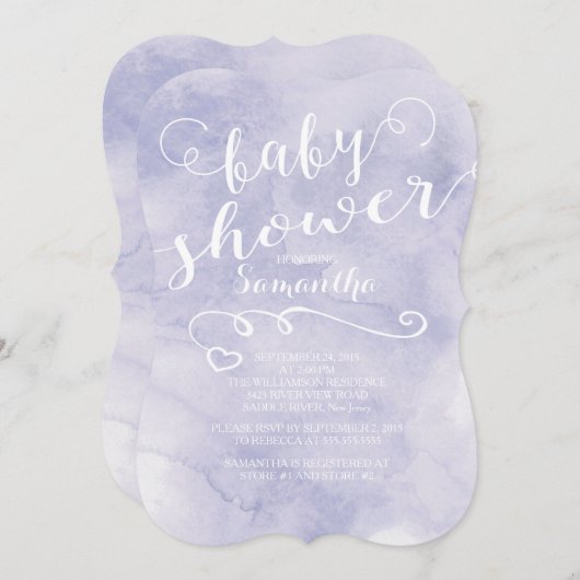 紫かわいらし水彩赤ちゃんシャワー招待状 招待状 (正面/裏面)