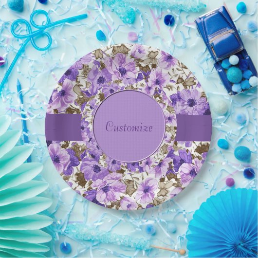 紫かわいらし白フローラ紙プレート3 ペーパープレート (パーティー)