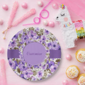 紫かわいらし白フローラ紙プレート3 ペーパープレート (パーティー)