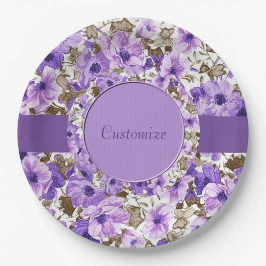 紫かわいらし白フローラ紙プレート3 ペーパープレート (正面)