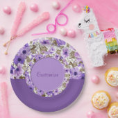 紫かわいらし白フローラ紙プレート4 ペーパープレート (パーティー)