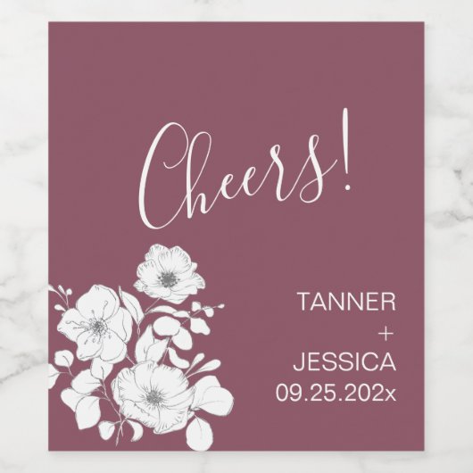 紫かわいらし白フローラ結婚ズ ワインラベル (シングルラベル)