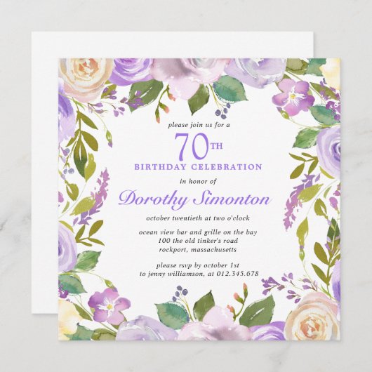 紫かわいらし素朴フローラ70誕生日 招待状 (正面/裏面)