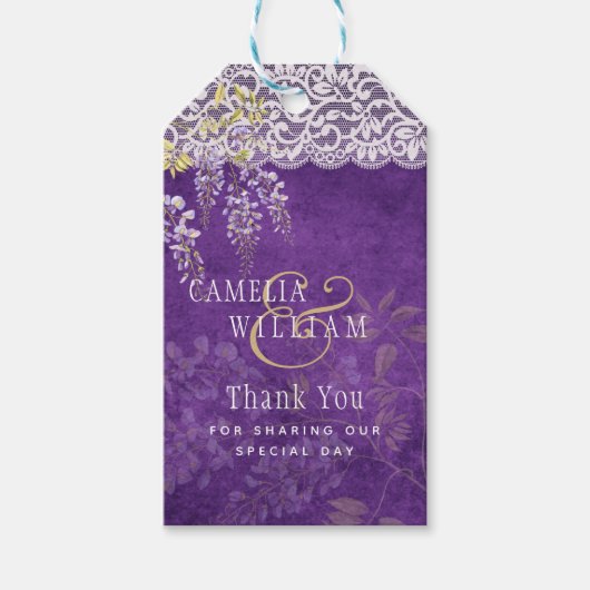 紫かわいらし素朴藤レース結婚ズ ギフトタグ (正面)