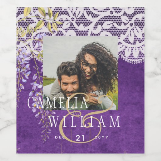 紫かわいらし素朴藤レース結婚ズ ワインラベル (シングルラベル)