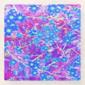 紫かわいらし色の青とライムグリーンの花 ガラスコースター (正面)