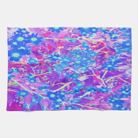 紫かわいらし色の青とライムグリーンの花 キッチンタオル (横)