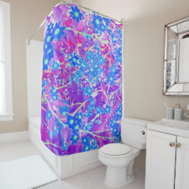 紫かわいらし色の青とライムグリーンの花 シャワーカーテン