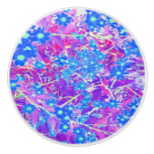 紫かわいらし色の青とライムグリーンの花 セラミックノブ (正面)