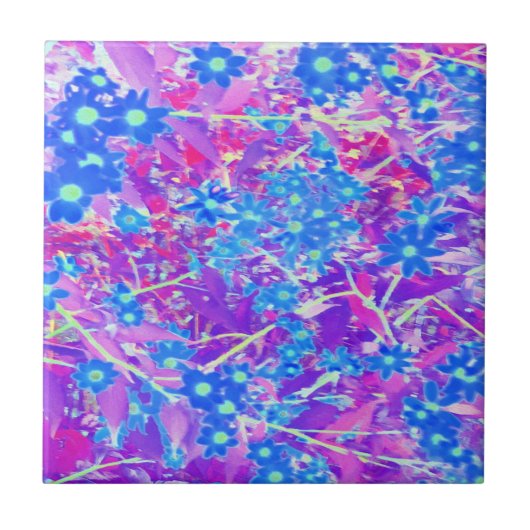 紫かわいらし色の青とライムグリーンの花 タイル (正面)